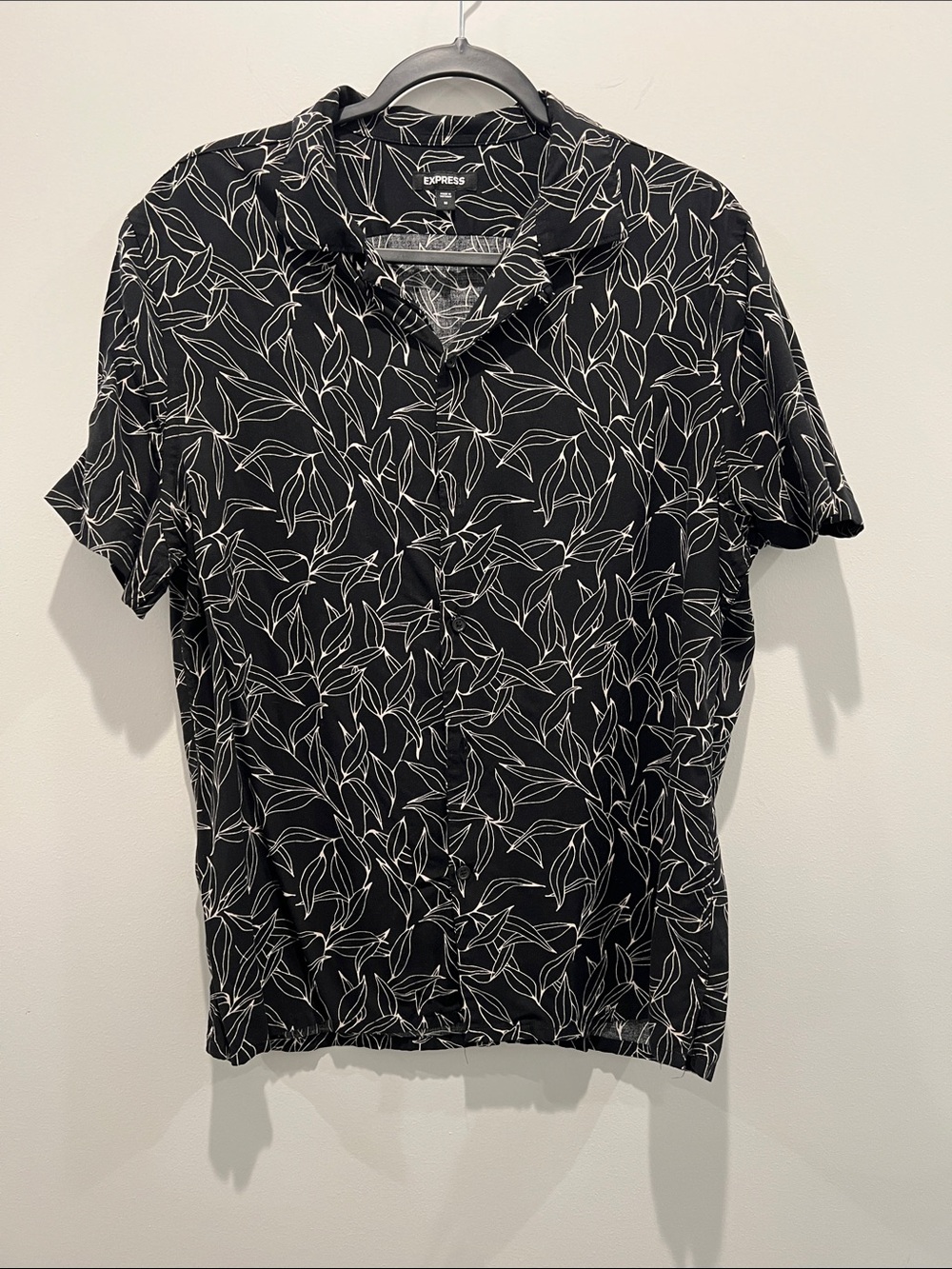 Express Black Button-Down Shirt with White Leaf Outline Print